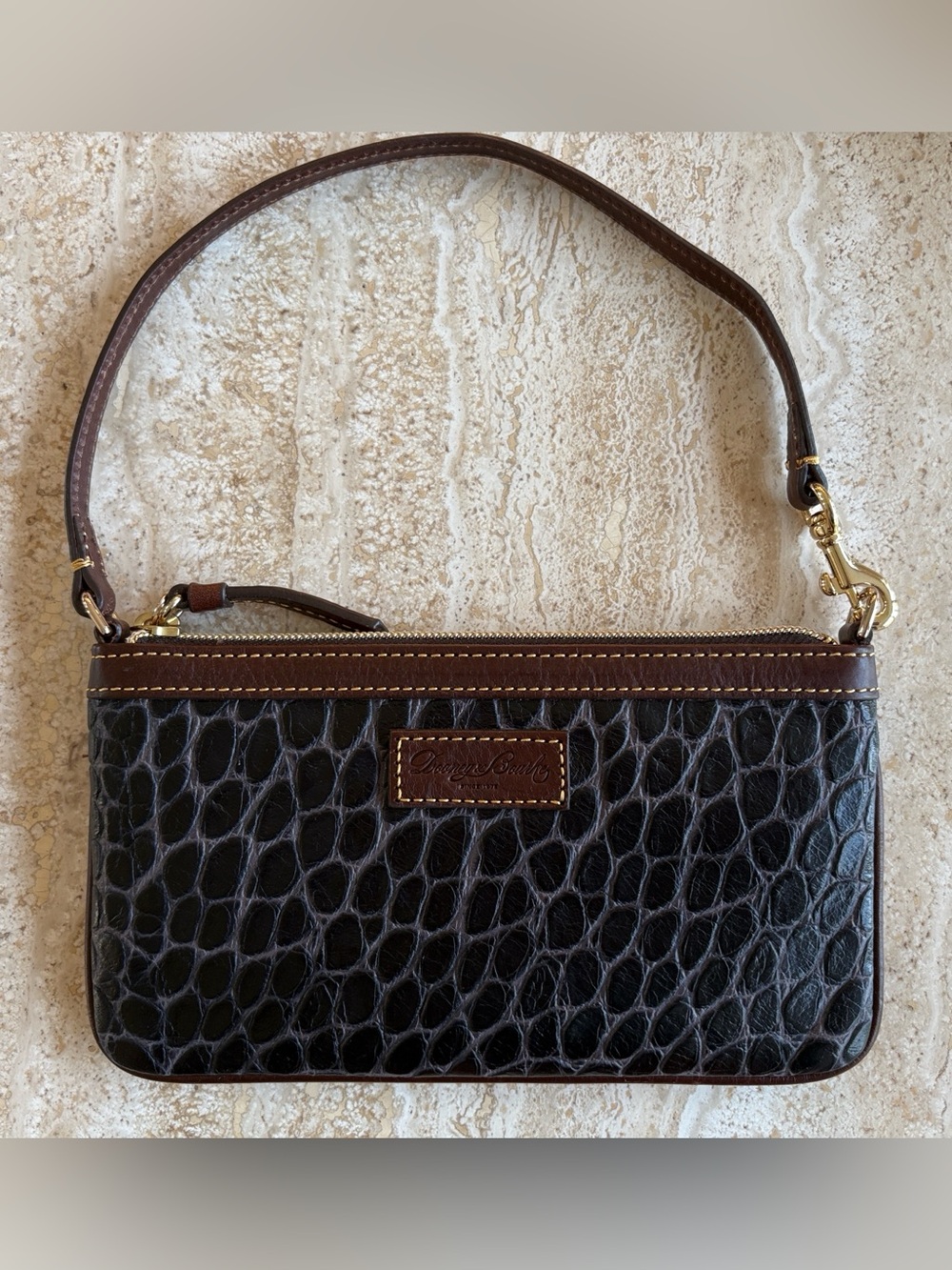Dooney & Bourke Dark Brown Croc-Embossed Wristlet with Brown Trim